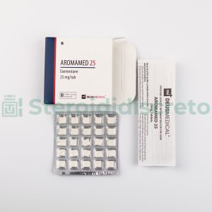 AROMAMED 25 (Exemestane) Deus Medical, un inibitore dell'aromatasi utilizzato per il trattamento del cancro al seno, in compresse da 25 mg.