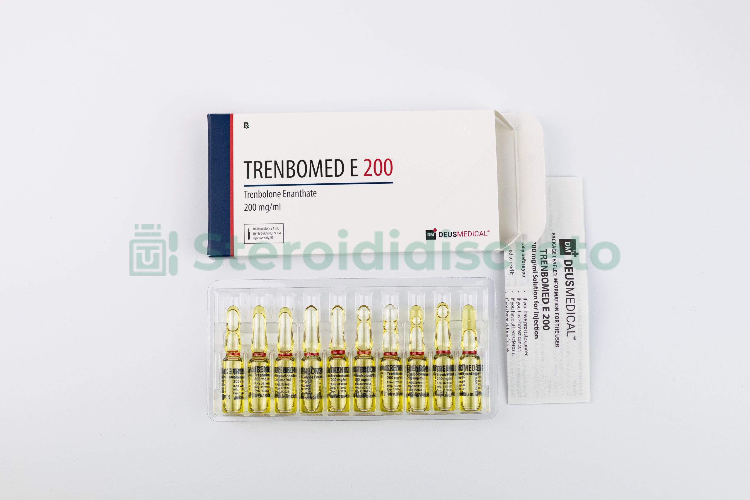 TRENBOMED E 200 Deus Medical, contenente 200 mg di Enantato di Trenbolone per ml, in flacone da 10 ml, utilizzato per migliorare la massa muscolare e la forza