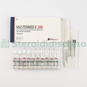 Mastermed E 200 (Drostanolone Enanthate), 200mg/ml, prodotto da Deus Medical, steroide anabolizzante iniettabile usato per aumentare la massa muscolare magra e migliorare la definizione fisica.