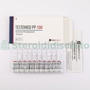 Testomed PP 100 (Phénylpropionate de testostérone), 100mg/ml, prodotto da Deus Medical, un'estere di testosterone ad azione rapida utilizzato per migliorare la massa muscolare e le prestazioni fisiche