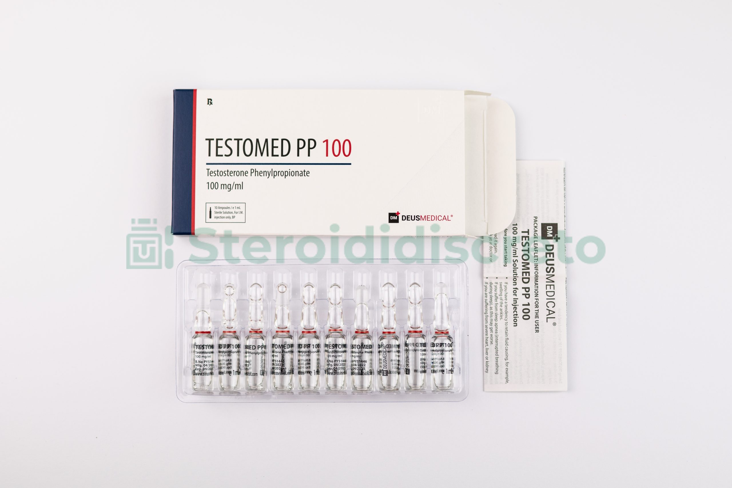 Testomed PP 100 (Phénylpropionate de testostérone), 100mg/ml, prodotto da Deus Medical, un'estere di testosterone ad azione rapida utilizzato per migliorare la massa muscolare e le prestazioni fisiche