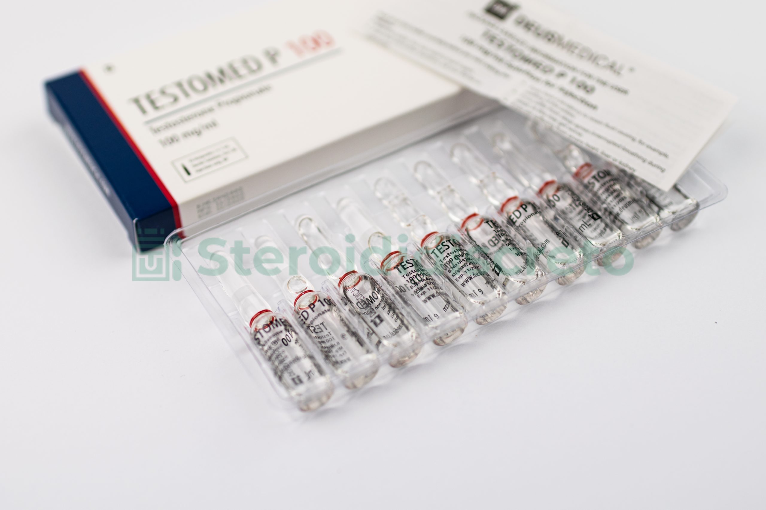 TESTOMED P 100 (Testosterone Propionato), 100mg/ml, prodotto da Deus Medical, un ormone steroideo anabolizzante usato per aumentare la massa muscolare e migliorare le prestazioni atletiche