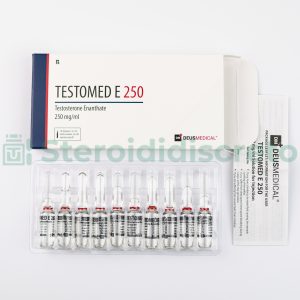 Flacone di TESTOMED E 250 (Testosterone Enanthate) di Deus Medical, un farmaco per terapia ormonale e incremento della massa muscolare