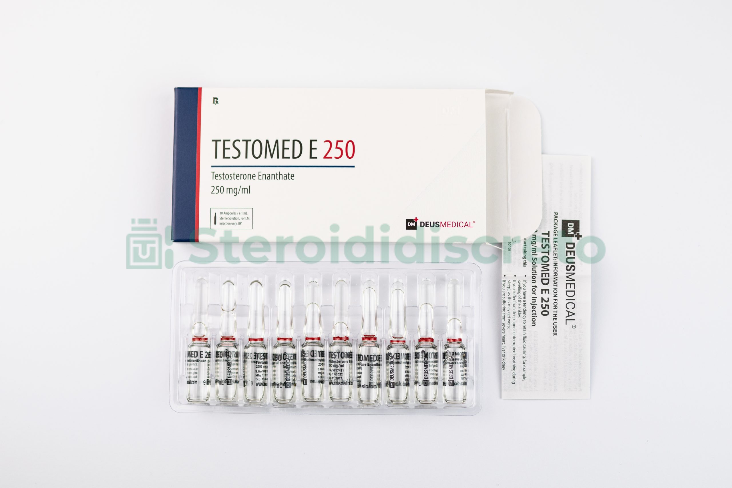 Flacone di TESTOMED E 250 (Testosterone Enanthate) di Deus Medical, un farmaco per terapia ormonale e incremento della massa muscolare