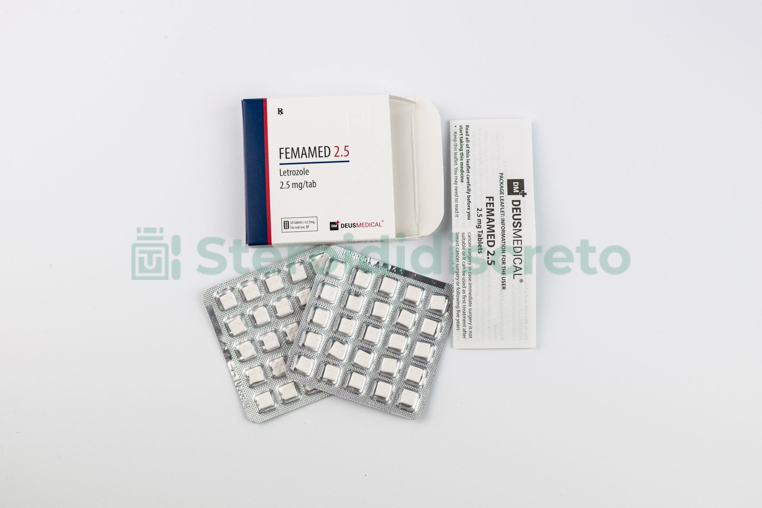 FEMAMED 2.5 (Letrozolo) 2,5mg/Tab, prodotto da Deus Medical, inibitore dell'aromatasi usato per trattare il cancro al seno e ridurre i livelli di estrogeni