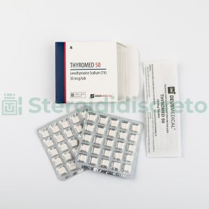 THYROMED 50 (Levotiroxina Sodica T4) 50mcg/Tab, prodotto da Deus Medical, farmaco utilizzato per trattare l'ipotiroidismo migliorando i livelli di ormoni tiroidei nel corpo