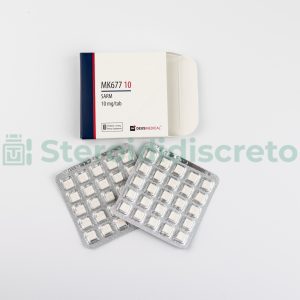 MK677 10 (Ibutamoren) 10mg/Tab, prodotto da Deus Medical, stimolatore della secrezione di ormone della crescita, usato per migliorare la crescita muscolare e la riparazione dei tessuti