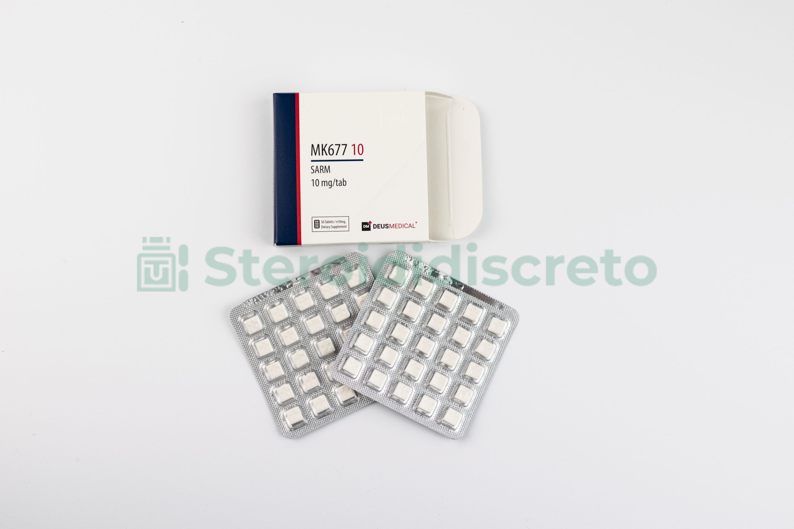 MK677 10 (Ibutamoren) 10mg/Tab, prodotto da Deus Medical, stimolatore della secrezione di ormone della crescita, usato per migliorare la crescita muscolare e la riparazione dei tessuti