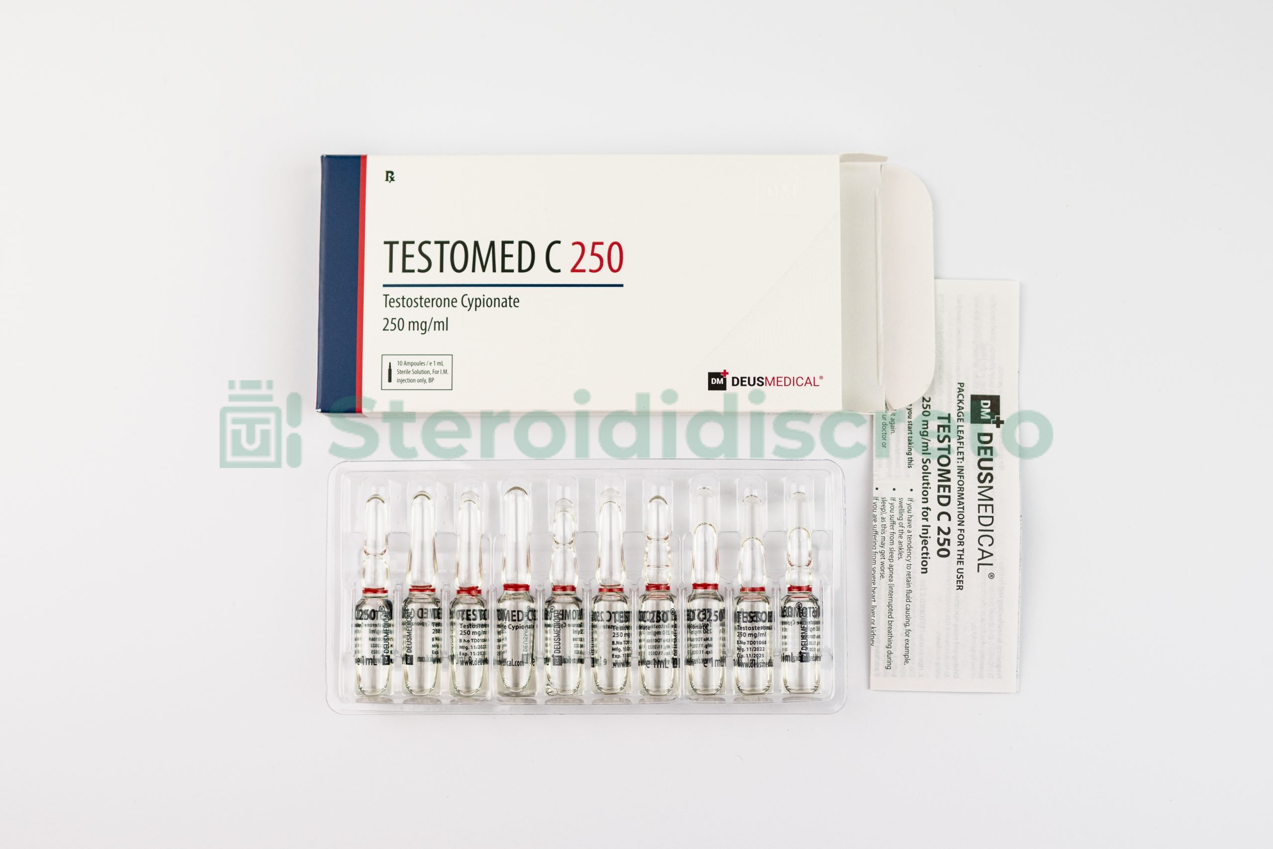 Flacone di TESTOMED C 250 (Testosterone Cypionate) di Deus Medical, utilizzato per aumentare i livelli di testosterone e la crescita muscolare