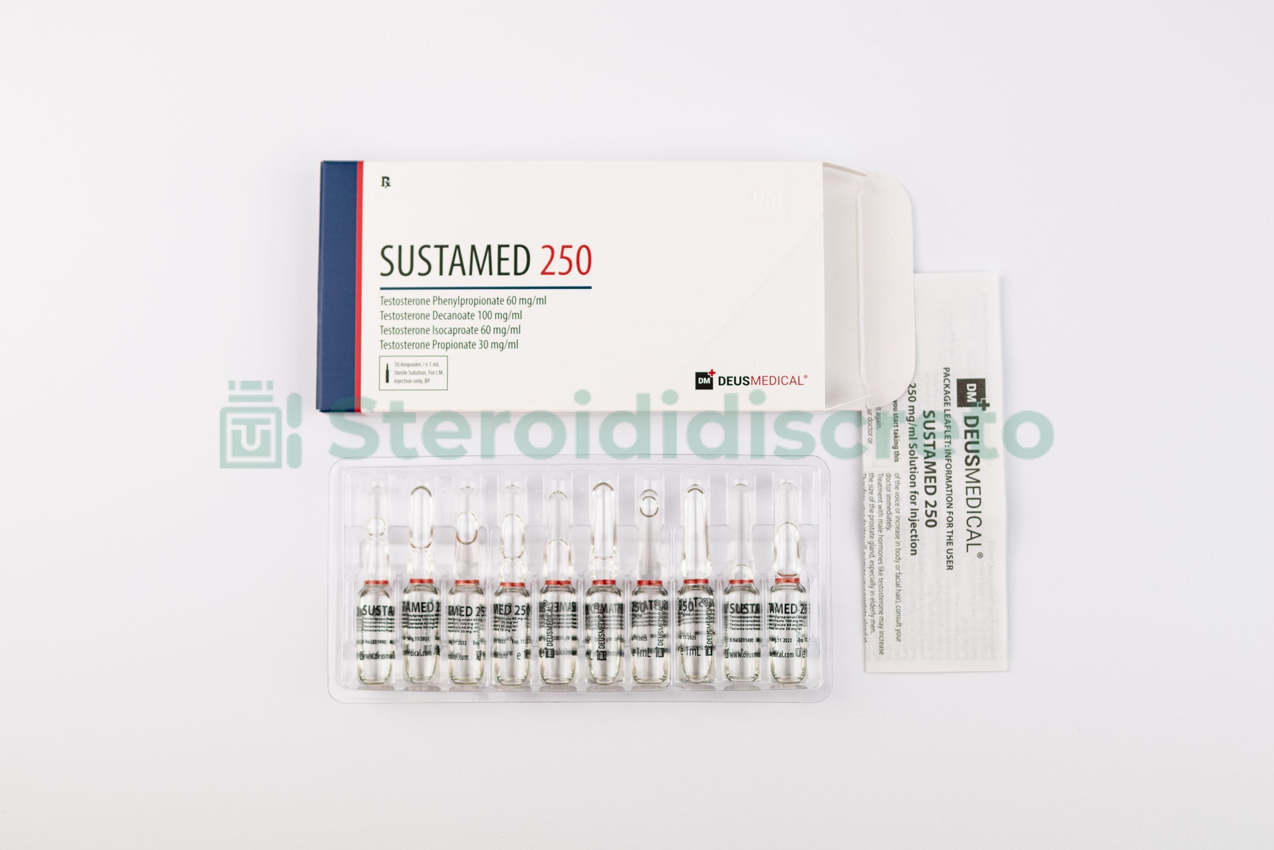 Sustamed 250 (Sustanon), soluzione iniettabile 250mg/ml, prodotto da Deus Medical, utilizzato per aumentare la massa muscolare e migliorare le prestazioni atletiche