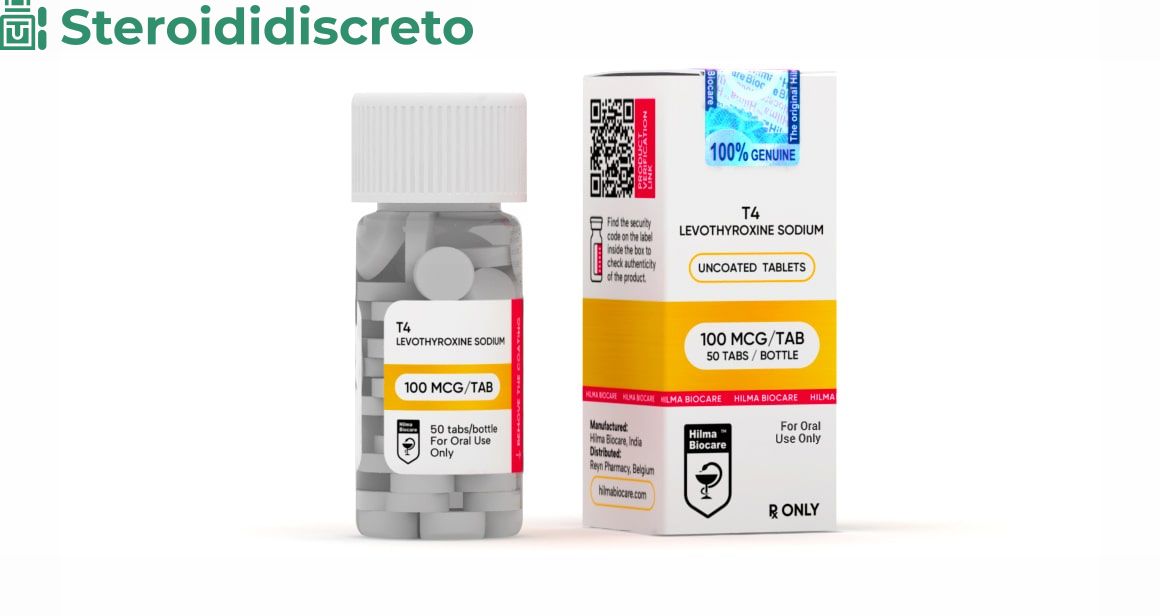 Confezione di Levotiroxina sodica T4 da 100 mcg con 50 compresse, prodotto da Hilma Biocare