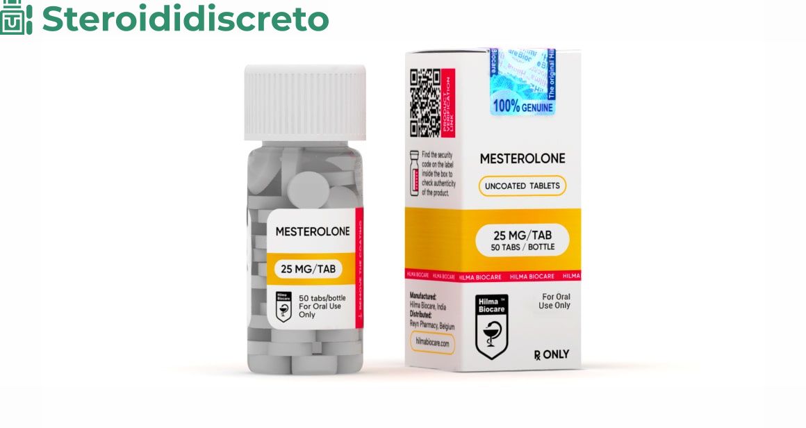 Confezione di Mesterolone (Proviron) da 25 mg con 50 compresse, prodotto da Hilma Biocare